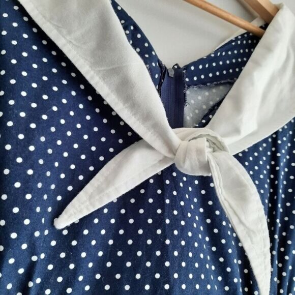 Navy Polka Dot Midi Dress with White Collar - Picture 5 of 16